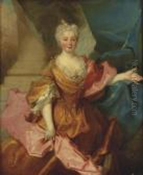 Portrait Of A Lady, Standing Three-quarter Length, In A Golden Silkdress And Rose Shawl Oil Painting by Robert Tournieres