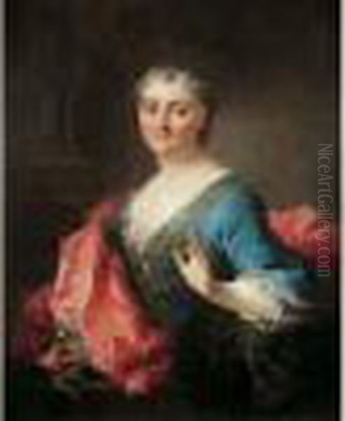 Portrait De Jeune Femme A La Robe Bleue Et A La Draperie Rose Oil Painting by Robert Tournieres