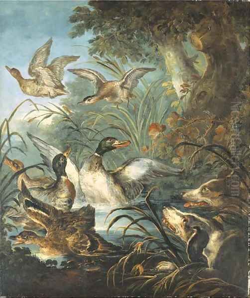 Hounds putting up duck from a river Oil Painting by Angelo Maria Crivelli, Il Crivellone