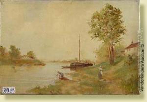 Lavandieres Au Bord De La Riviere Oil Painting by Emile Levy