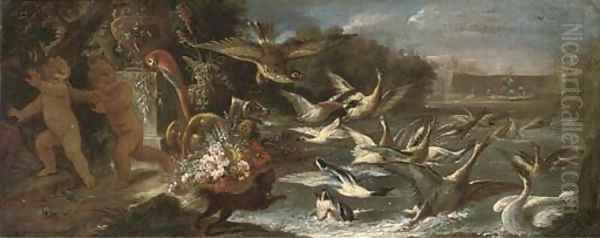 An eagle attacking ducks in a pond with putti escaping in an Italianate garden Oil Painting by Baldassare De Caro