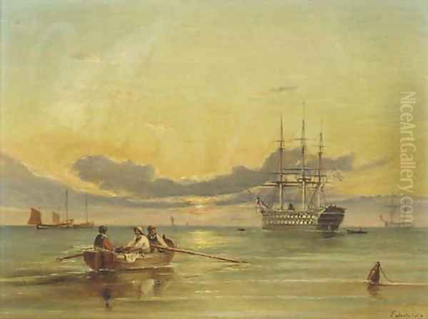 A screw two-decker lying at anchor at dusk Oil Painting by Ebenezer Colls