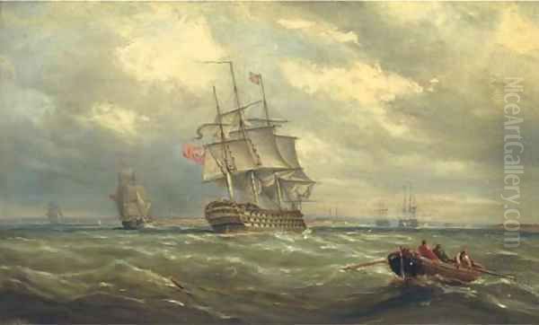 A three-decker reducing sail in Spithead in preparation for her arrival into Portsmouth Harbour Oil Painting by Ebenezer Colls