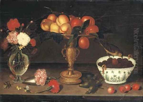 Peaches and plums in a tazza and a finch eating blackberries from a porcelain bowl Oil Painting by Francesco Codino