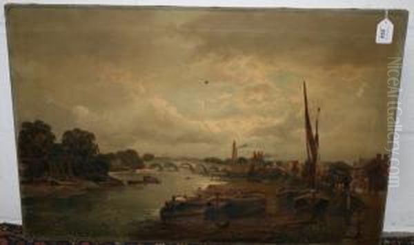 River View Old Kew Bridge With Barge At River's Edge Oil Painting by J. Lewis