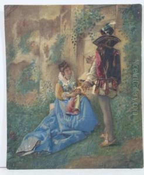 A Gentleman Reading Prose To A Seated Lady Within A Garden Setting Oil Painting by J. Lewis