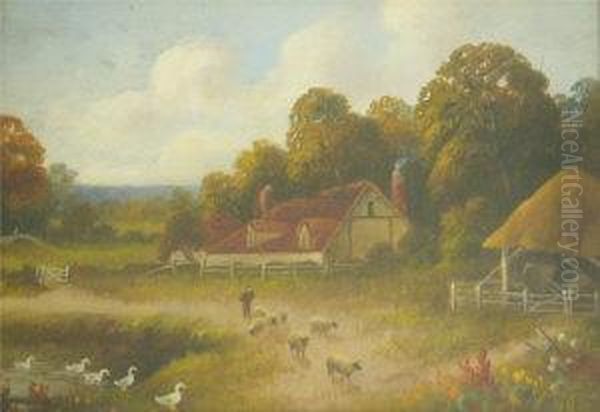 J H Lewis, Oil On 
Board,landscape With Shepherd, Sheep, Ducks In A Pond And Buildings, 
7insx 1ins Oil Painting by J. Lewis