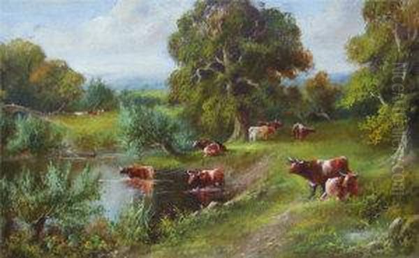 Landscape With Cattle On A River Bank With Further Cattle In The River And Beyond Oil Painting by J. Lewis