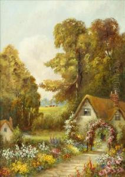 Cottage And Garden In A Wooded Landscape Oil Painting by J. Lewis