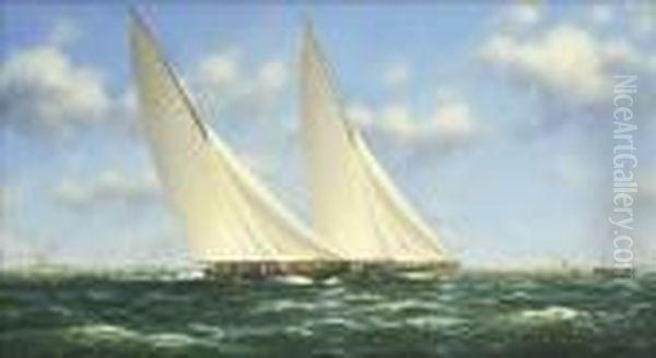 America's Cup J Class Yachts 
Racing With A Large Spectator Fleet Of Steam Yachts In The Distance. Oil Painting by J. Lewis