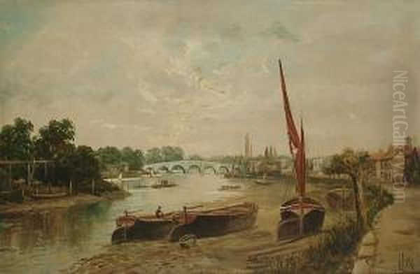 The Thames At Strand On The Green With Kew Bridge Oil Painting by J. Lewis