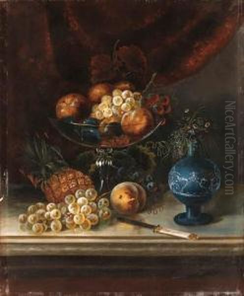 Still Life With Fruit, Vase And Knife Oil Painting by J. Lewis