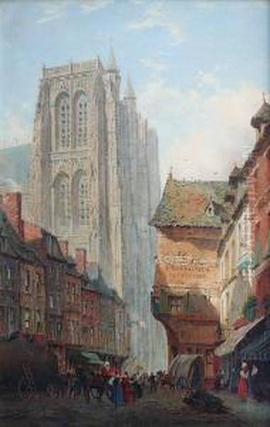 Rue Animeedevant La Cathedrale D'abbeville Oil Painting by Lennard Lewis