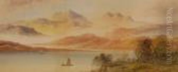 Extensive Mountain Lake Scene Oil Painting by Lennard Lewis