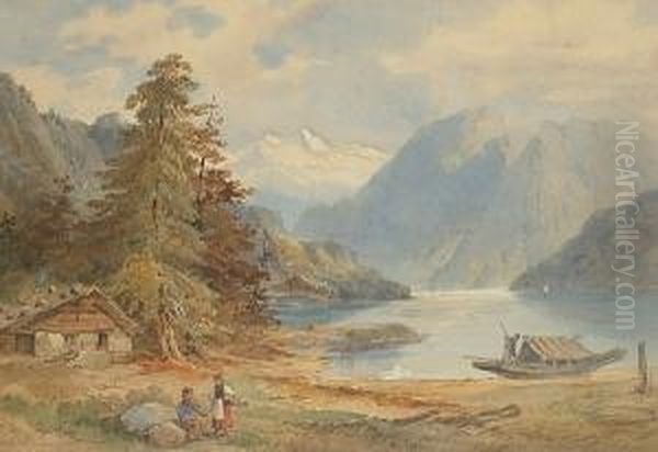 Figures By A Lake Oil Painting by Lennard Lewis