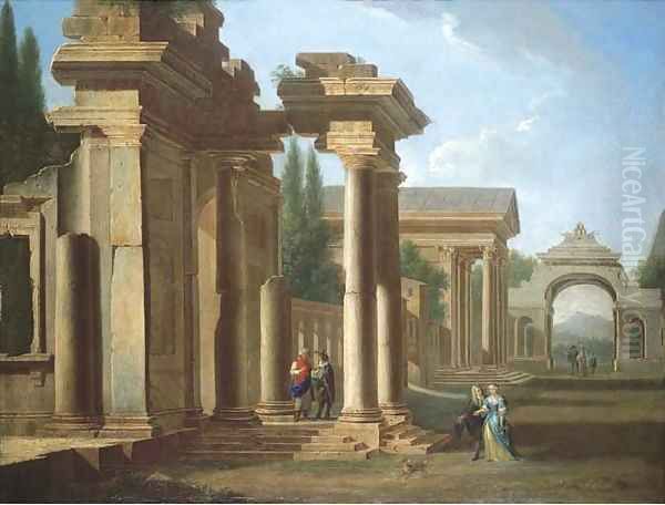 A capriccio of classical ruins with elegant figures promenading Oil Painting by Niccolo Codazzi