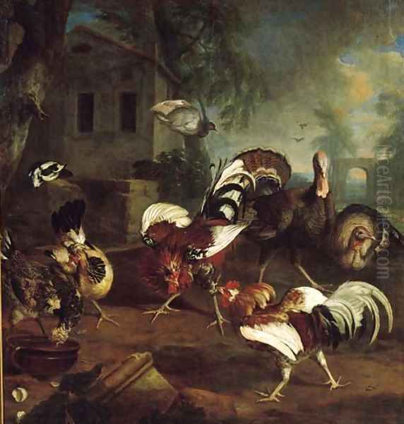 Cocks, chickens and turkeys with pigeons flying above on a yard by a mansion Oil Painting by Peter Caulitz