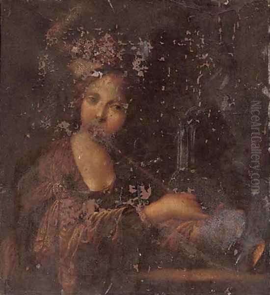 Portrait of a lady, half-length, playing a trumpet Oil Painting by Bravo Cecco (Francesco Montelatici)