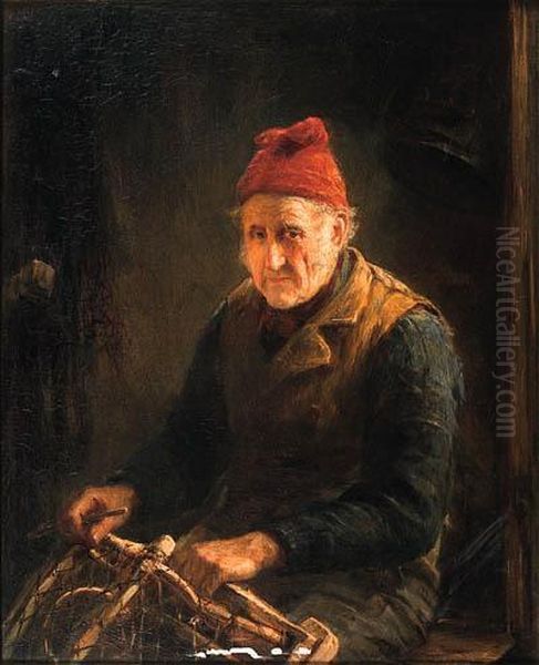 Mending The Lobster Pot Oil Painting by Otto Theodore Leyde