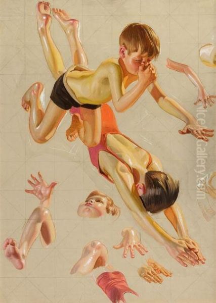 Boys Diving, Saturday Evening Post Cover Study Oil Painting by Joseph Christian Leyendecker