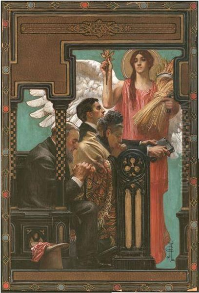 Magazine Cover: Group Of People Praying In Church; Goddess Of The Harvest. Oil Painting by Joseph Christian Leyendecker