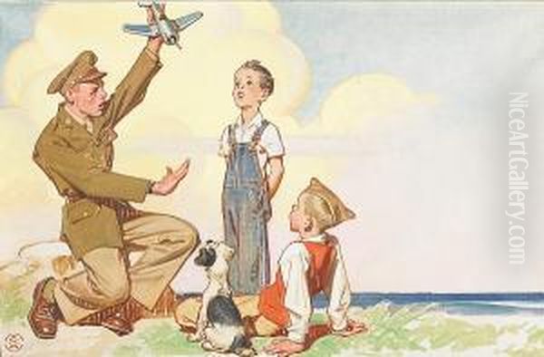 Aviator With Two Boys Oil Painting by Joseph Christian Leyendecker