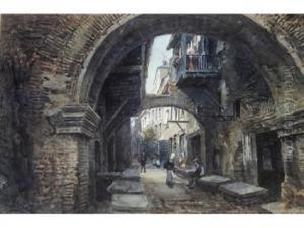 Figures On A Continental Backstreet Oil Painting by Alfred Leymann