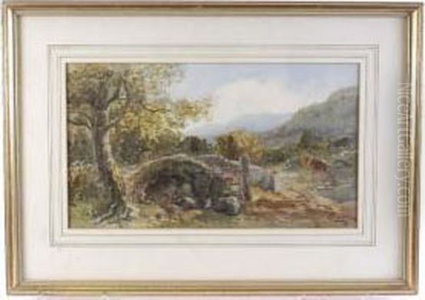 Cattle Grazing Near An Old Devonshire Stone Bridge Oil Painting by Alfred Leymann