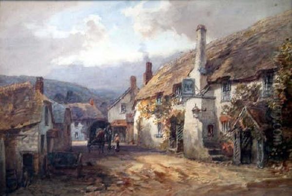 Village With Horsecart And Thatched Inn Signed 14.5 X 21in Oil Painting by Alfred Leymann