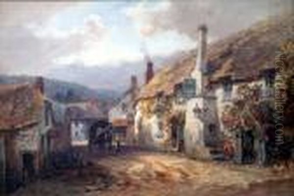 Village With Horsecart And Thatched Inn Oil Painting by Alfred Leymann