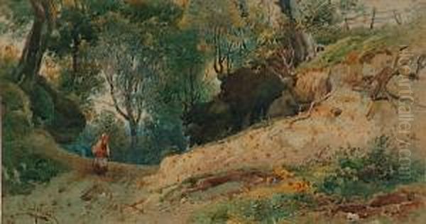 A Woman At The Entrance To An Old Quarry Oil Painting by Alfred Leymann