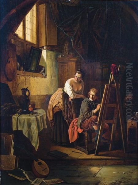 Vrouw En Schilder In Het Atelier Oil Painting by Henri Leys