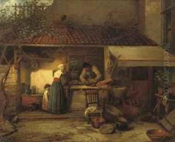 Mother And Child At A Market Stall Oil Painting by Henri Leys