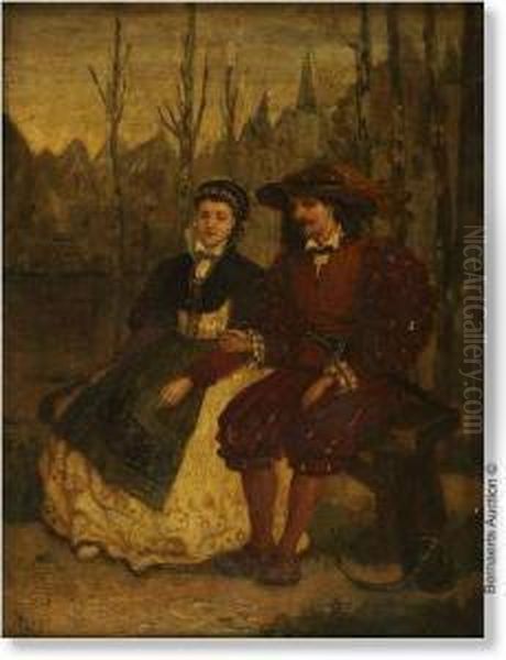 Couple Seated On A Bench With A 
City In The Background. Panel (mahogany). Signed H Leys. Nice Frame From
 The Period In Gilt Wood. Oil Painting by Henri Leys