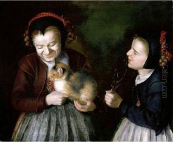 Portrait Of Two Young Girls, One Holding A Cat The Other Holding A Piece Of Coral Oil Painting by Judith Leyster