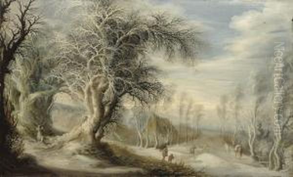 A Winter Landscape With A Woodsman And Travellers Oil Painting by Gijsbrecht Leytens