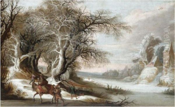 A Winter Landscape With Men 
Returning From The Hunt, And A Woman With A Child On Horseback Oil Painting by Gijsbrecht Leytens