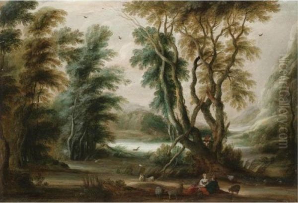 A Wooded River Landscape With A Shepherd And Shepherdess Resting Their Flock Oil Painting by Gijsbrecht Leytens