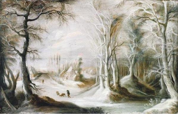 A Winter Landscape With A 
Peasant Walking Through Snow, A Small Village In The Background Oil Painting by Gijsbrecht Leytens