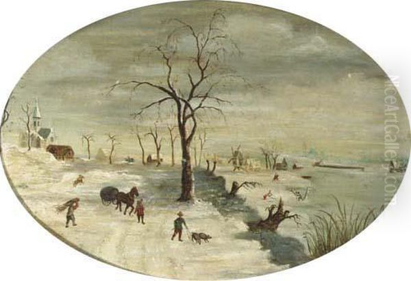 A Winter Landscape With Figures On The Ice Oil Painting by Gijsbrecht Leytens