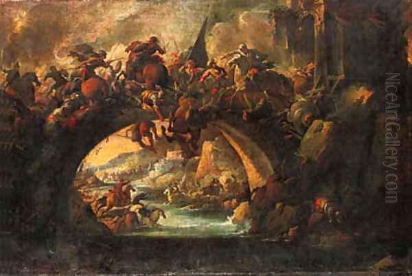 A battle on a bridge during a siege Oil Painting by Francesco Graziani, Called Ciccio