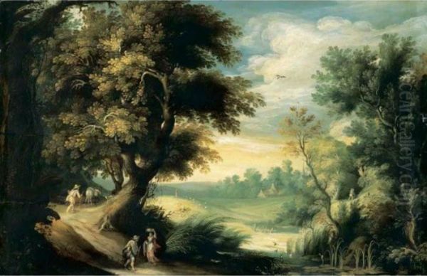 Forest Landscape With Travellers Near A Stream Oil Painting by Gijsbrecht Leytens