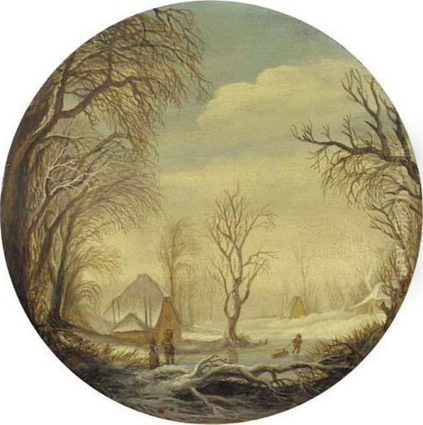 A Winter Landscape With Figures On The Ice, A Farm Beyond Oil Painting by Gijsbrecht Leytens