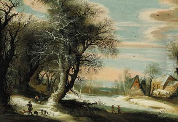 A Winter Landscape With A Barn And Travellers Passing Through, A City Beyond Oil Painting by Gijsbrecht Leytens