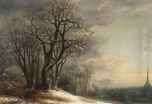 Travellers On A Snowy Path Overlooking A Valley Oil Painting by Gijsbrecht Leytens