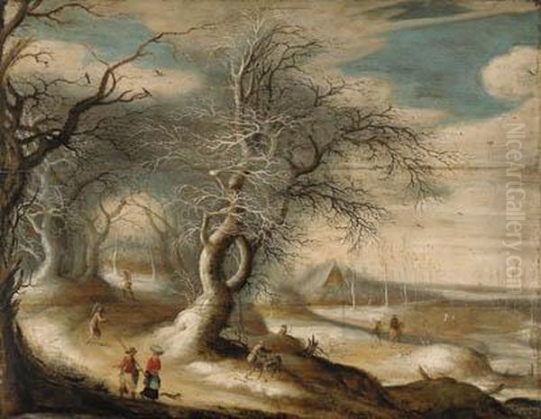 A Winter Wooded Landscape With Faggot-gatherers And Peasants Onpaths Oil Painting by Gijsbrecht Leytens