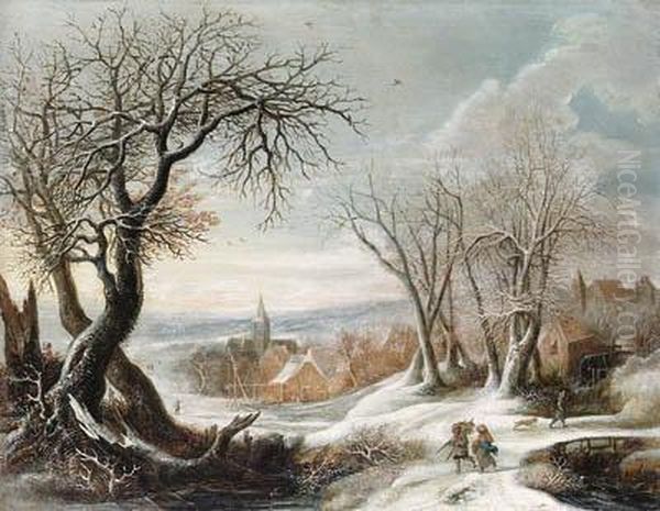 A Winter Landscape With Peasants, A Village Beyond Oil Painting by Gijsbrecht Leytens