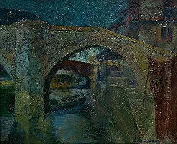 El Puente Viejo De Ondarroa En Crepusculo Oil Painting by Carlos Lezcano