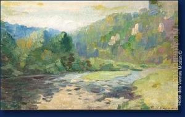 Paysage A La Riviere Oil Painting by Modeste Jean Lhomme