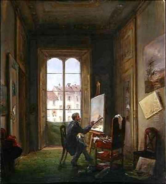 The painter Giuseppe Canella at work on a canvas in his studio Oil Painting by Carlo Canella